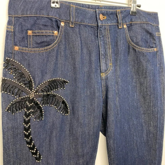 Escada Sport Sexy Boyfriend Palm Tree Beaded Embellished Blue Jeans 40/10 - Picture 2 of 9